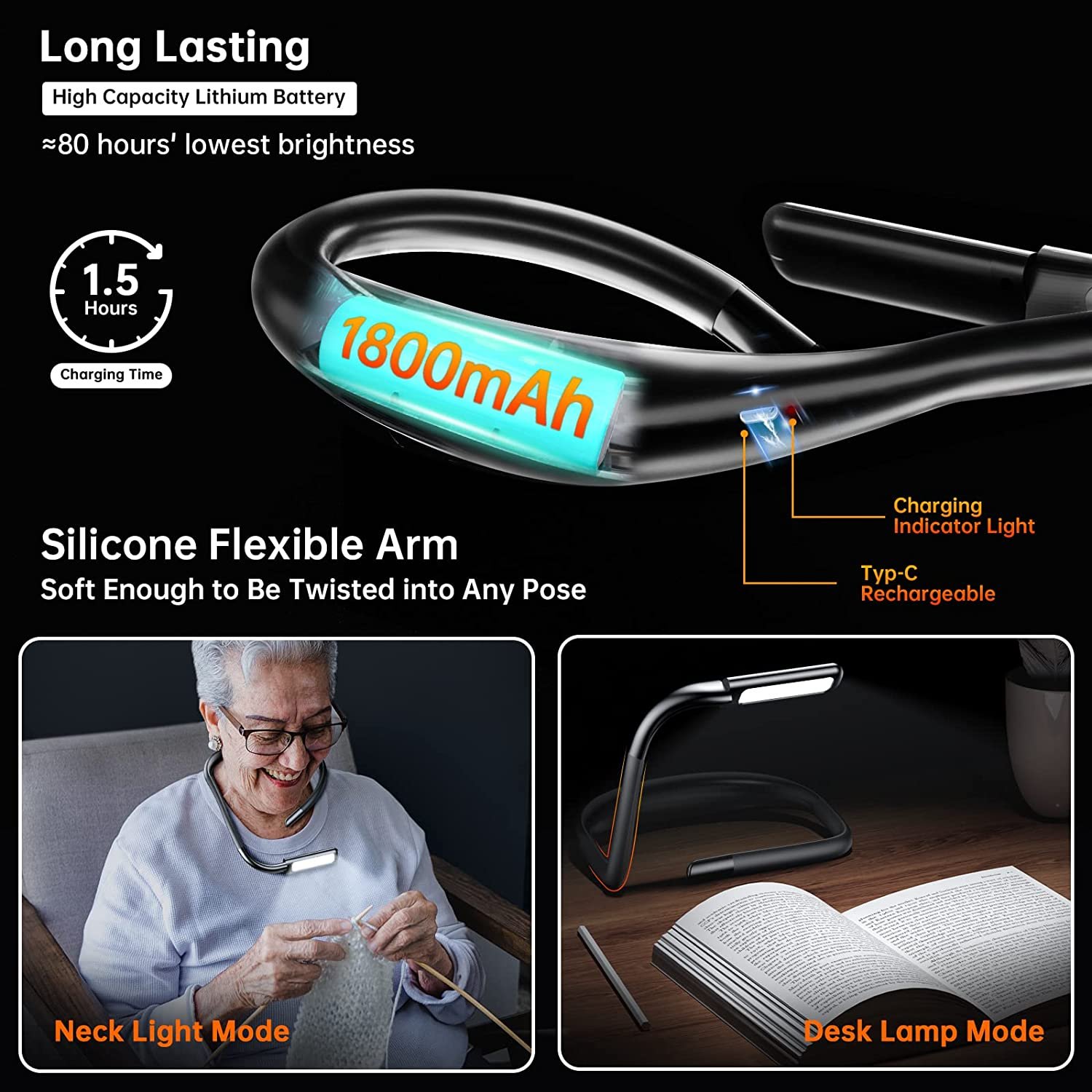 Neck reading light bed reading book light more than 80 hours running time comfortable and flexible suitable for reading knitting