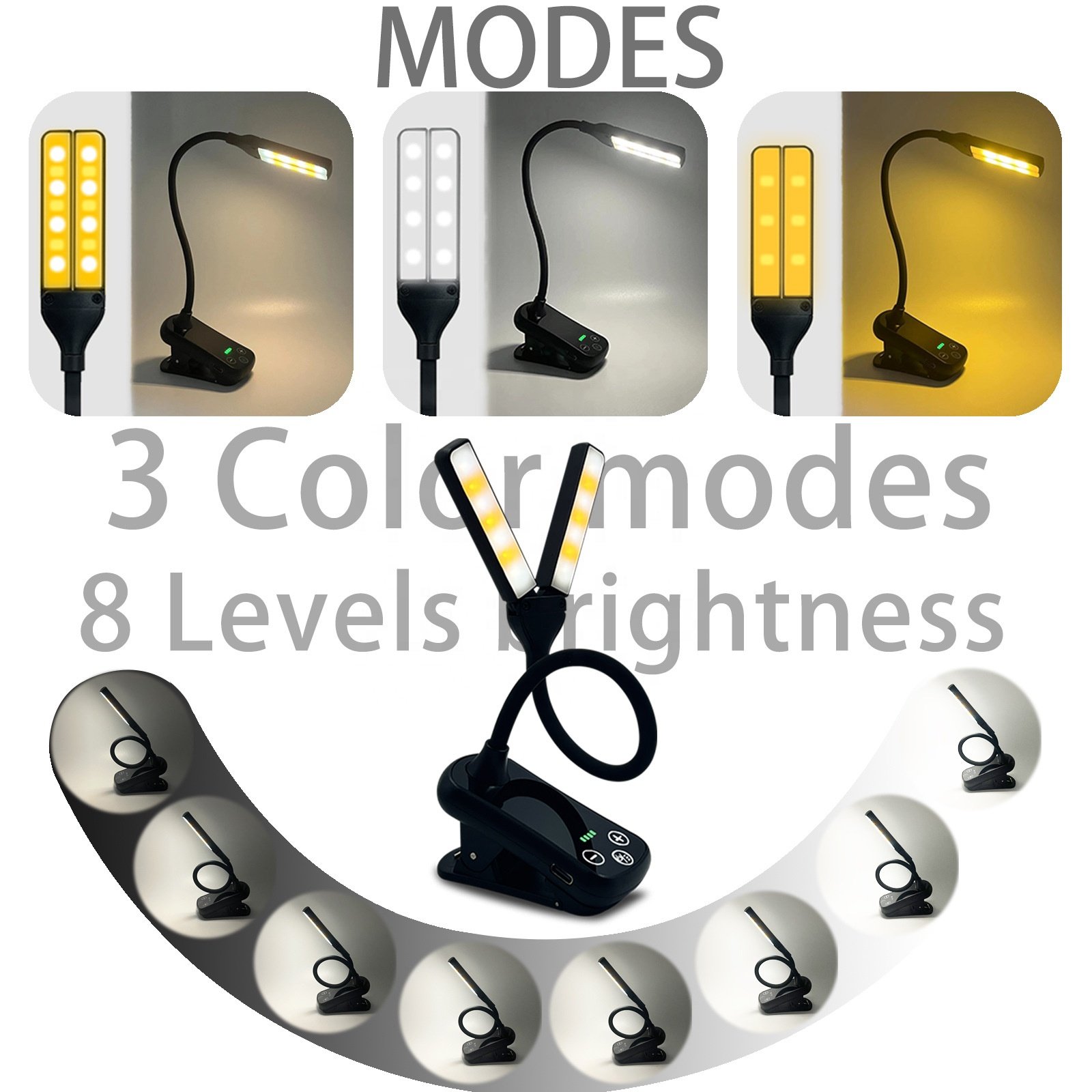Portable flexible gooseneck USB rechargeable desktop desk night reading led book clip light with clip for reading book in bed