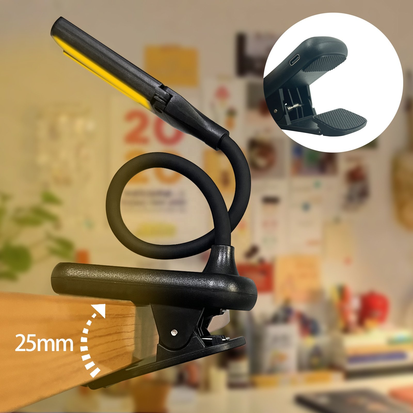 Portable flexible gooseneck USB rechargeable desktop desk night reading led book clip light with clip for reading book in bed