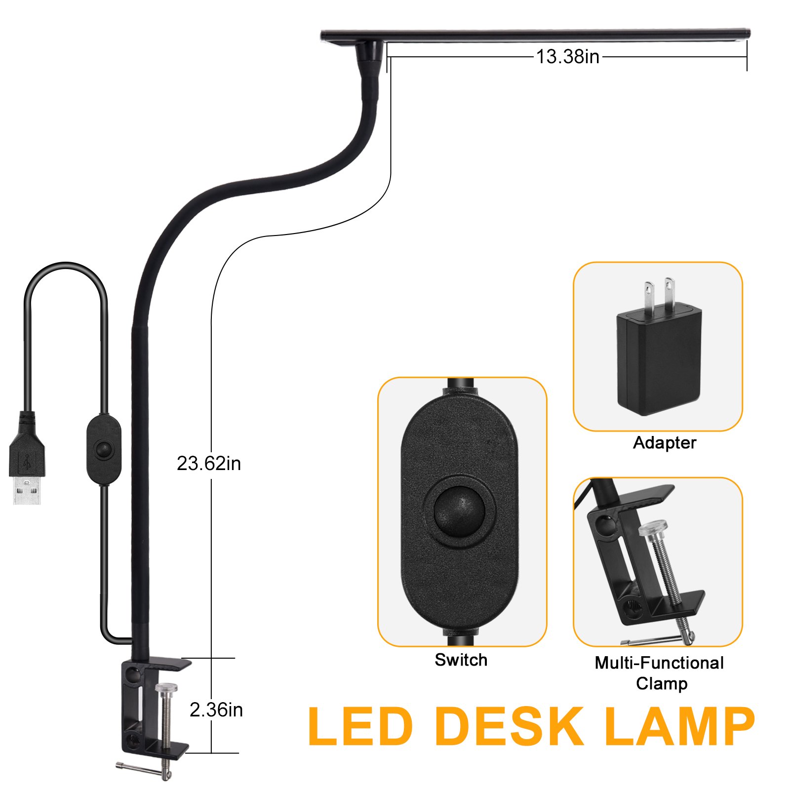 Desk Lamp LED Reading light Dimmable USB Clamp Lamp Adjustable Flexible Gooseneck Table Light for Bed Nail Home Office Computer