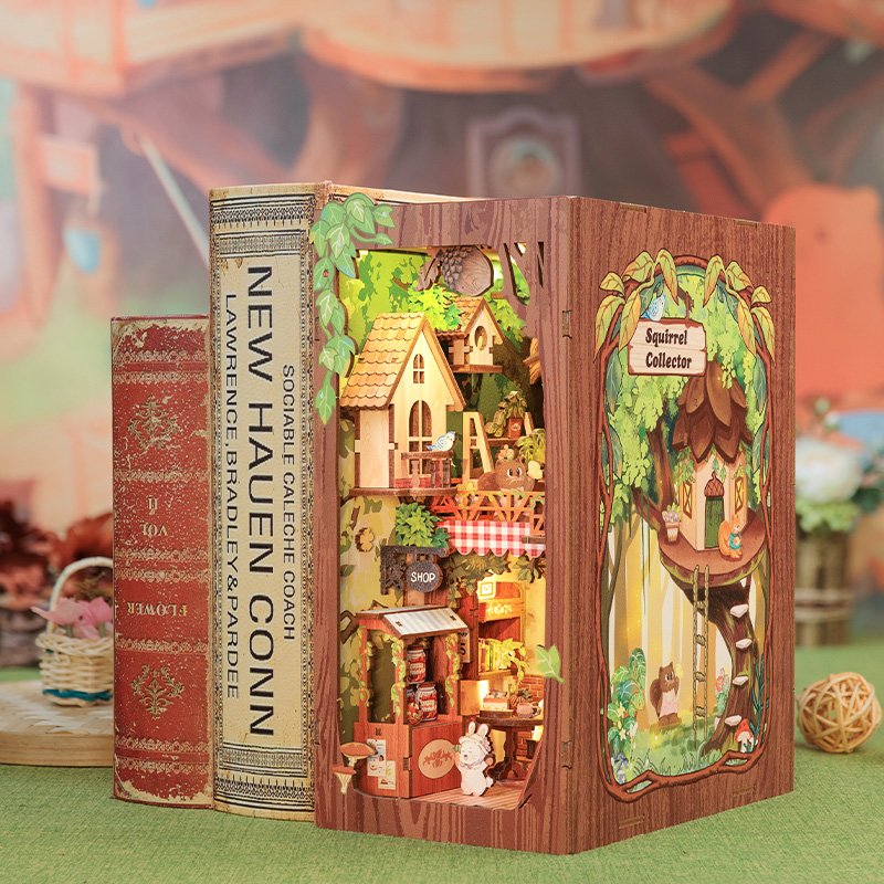 Cutebee New style 3D Wooden Puzzle DIY Crafts Touch Sensor on Led Light Night Light Squirrel collector Book Nook Kit