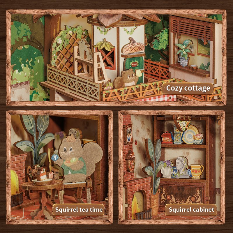 Cutebee New style 3D Wooden Puzzle DIY Crafts Touch Sensor on Led Light Night Light Squirrel collector Book Nook Kit