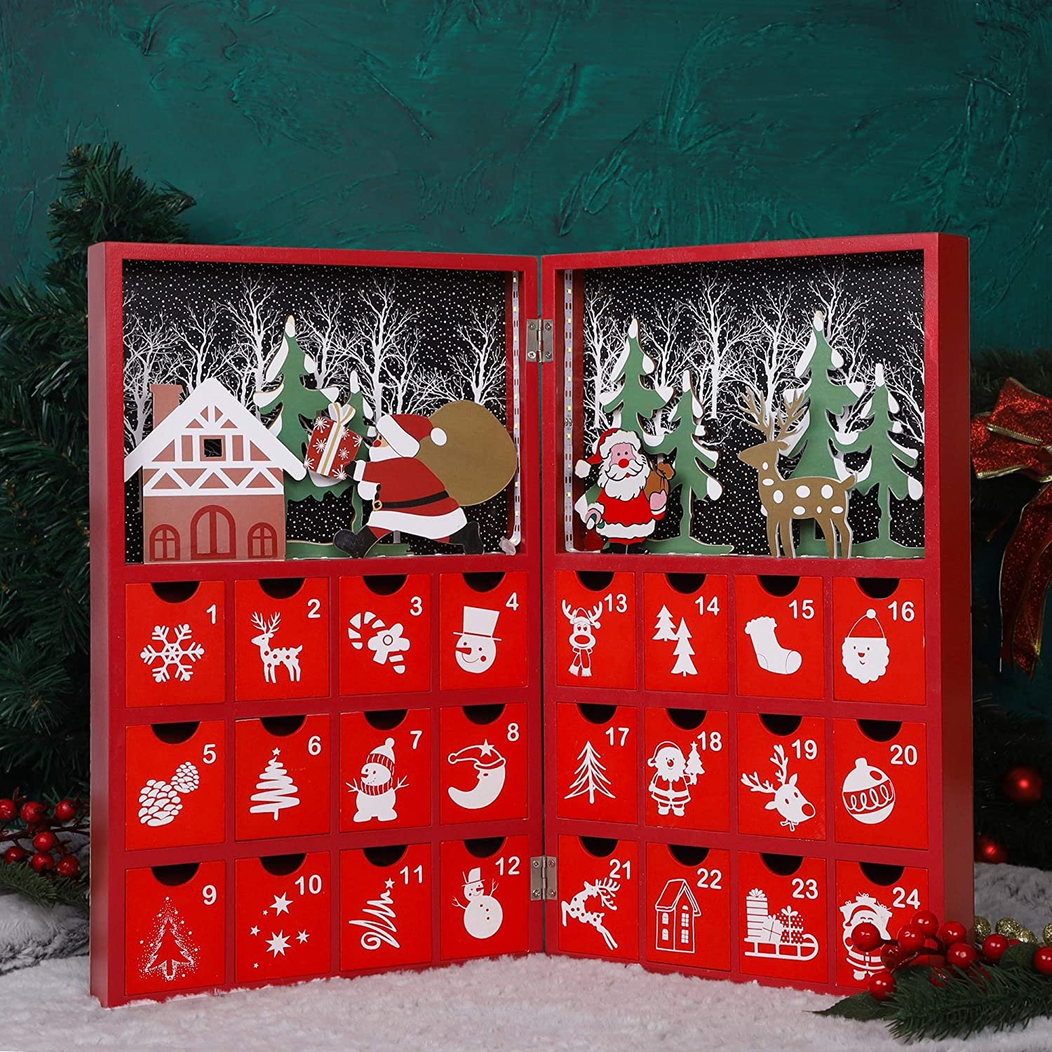 Red Advent Calendar Wooden Lighted Christmas Book Hand Painted Christmas 24 Drawers Countdown to Christmas