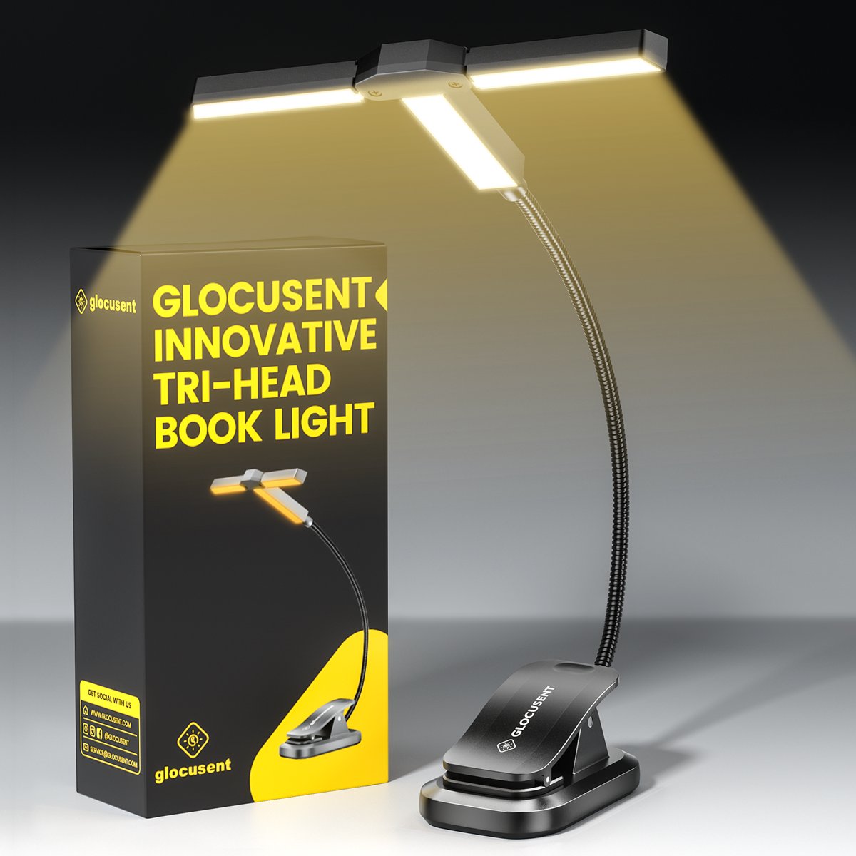 Wholesale 3 Colors & 5 Brightness Innovative Tri Head Design Usb Rechargeable Tri Head Book Light