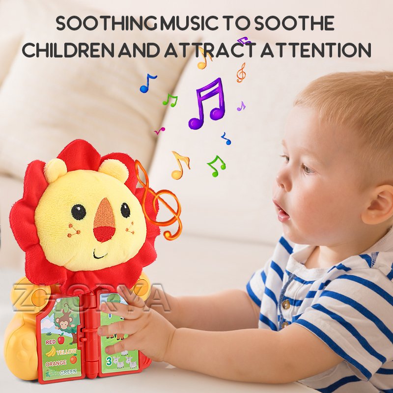 Zhorya Kids Early Learning Stuffed Plush Lion Toys Cartoon Educational Soft Plush Animal Book Toys With Sound Light