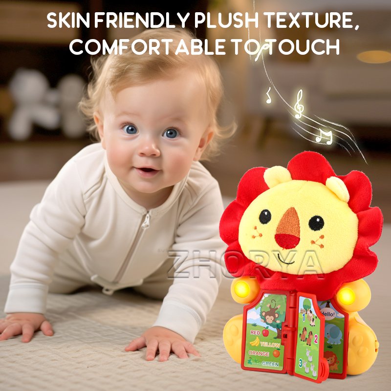 Zhorya Kids Early Learning Stuffed Plush Lion Toys Cartoon Educational Soft Plush Animal Book Toys With Sound Light