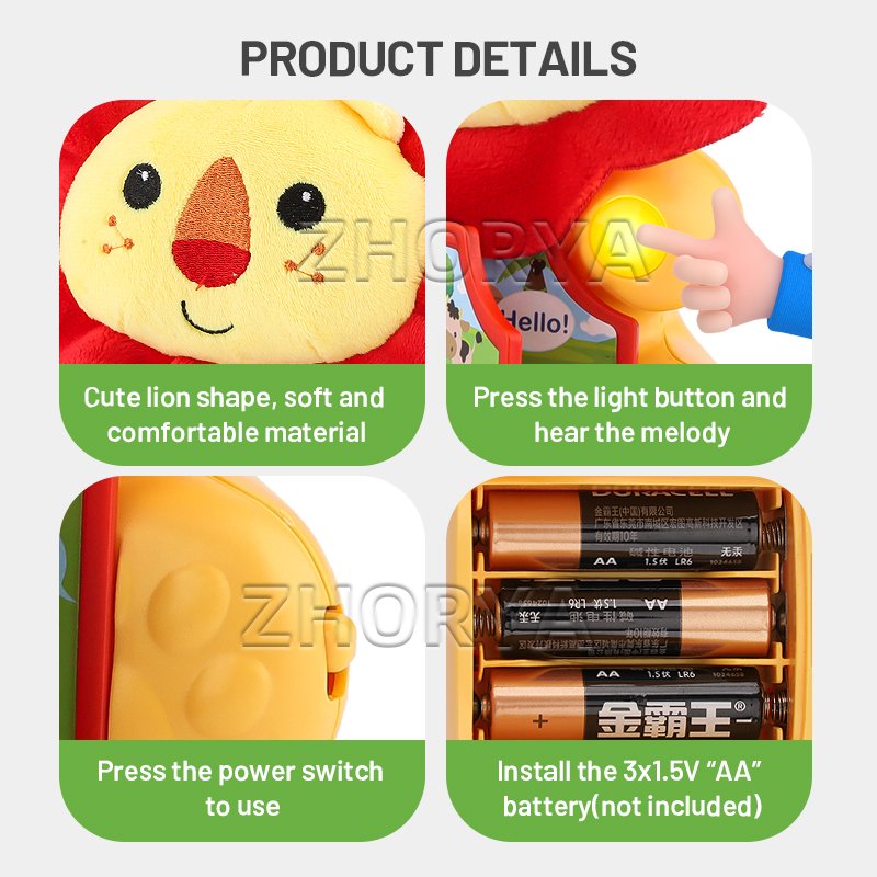 Zhorya Kids Early Learning Stuffed Plush Lion Toys Cartoon Educational Soft Plush Animal Book Toys With Sound Light