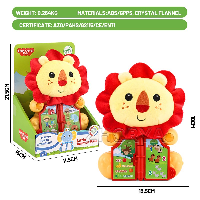 Zhorya Kids Early Learning Stuffed Plush Lion Toys Cartoon Educational Soft Plush Animal Book Toys With Sound Light