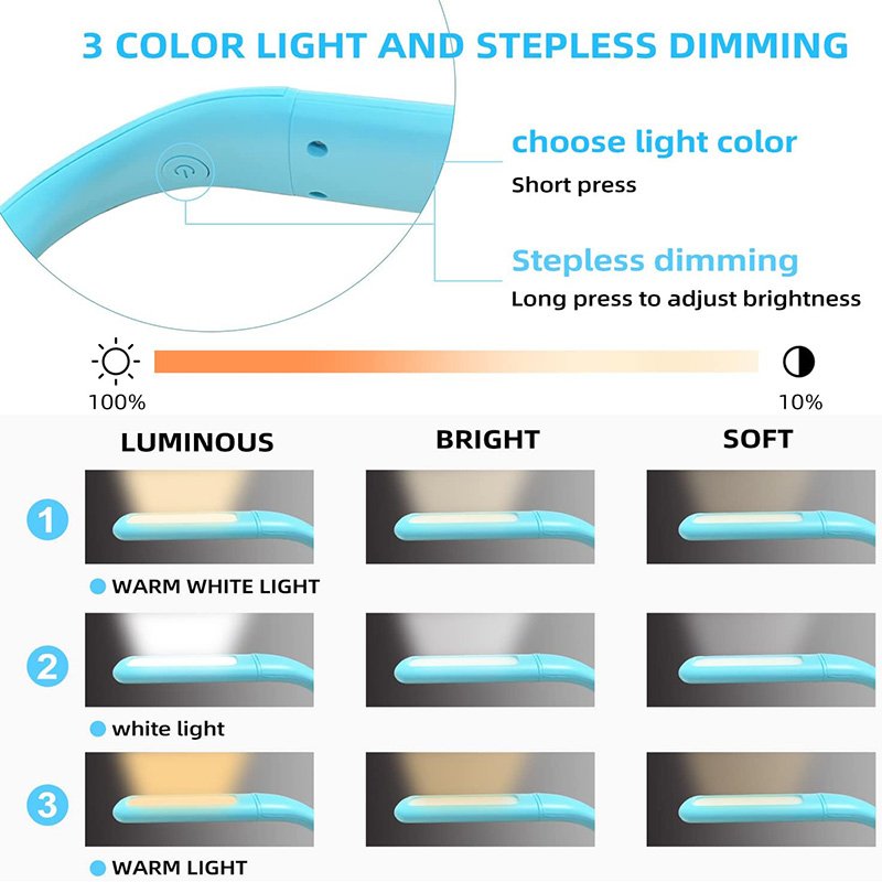 LED rechargeable neck light bed reading book light 3 colors flexible arms durable very suitable for reading knitting camping