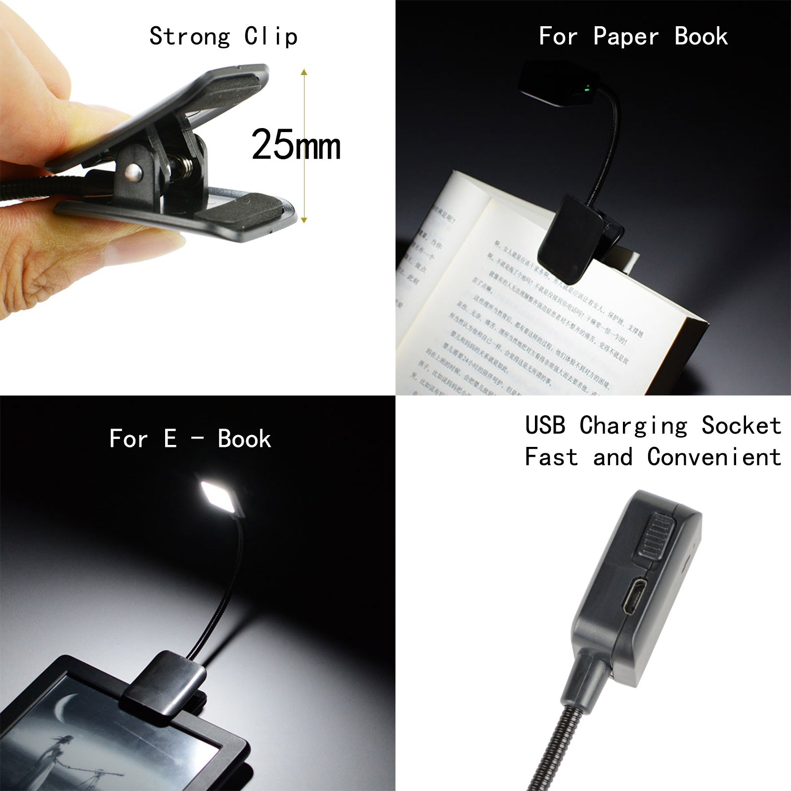Rechargeable Flexible Metal Hose Neck Led Clip Book Light
