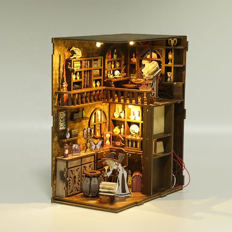 Magical colorful mini dollhouse books nook laser cutting wooden dollhouse book nook for girls