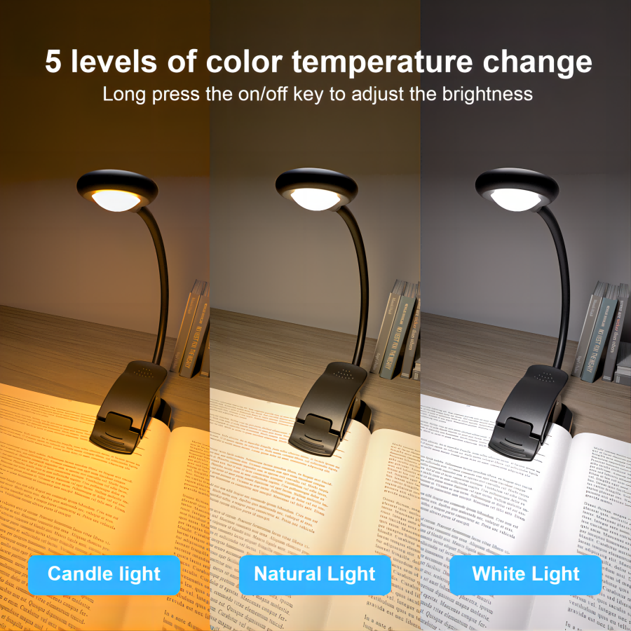 New Design Eye Protection Book Reading Light With Clip Bright Adjustable Rechargeable Portable 5 color Mode Book Light with Clip