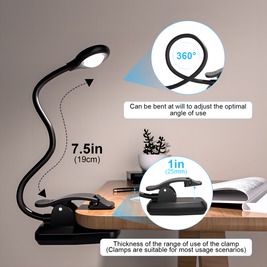 New Design Eye Protection Book Reading Light With Clip Bright Adjustable Rechargeable Portable 5 color Mode Book Light with Clip