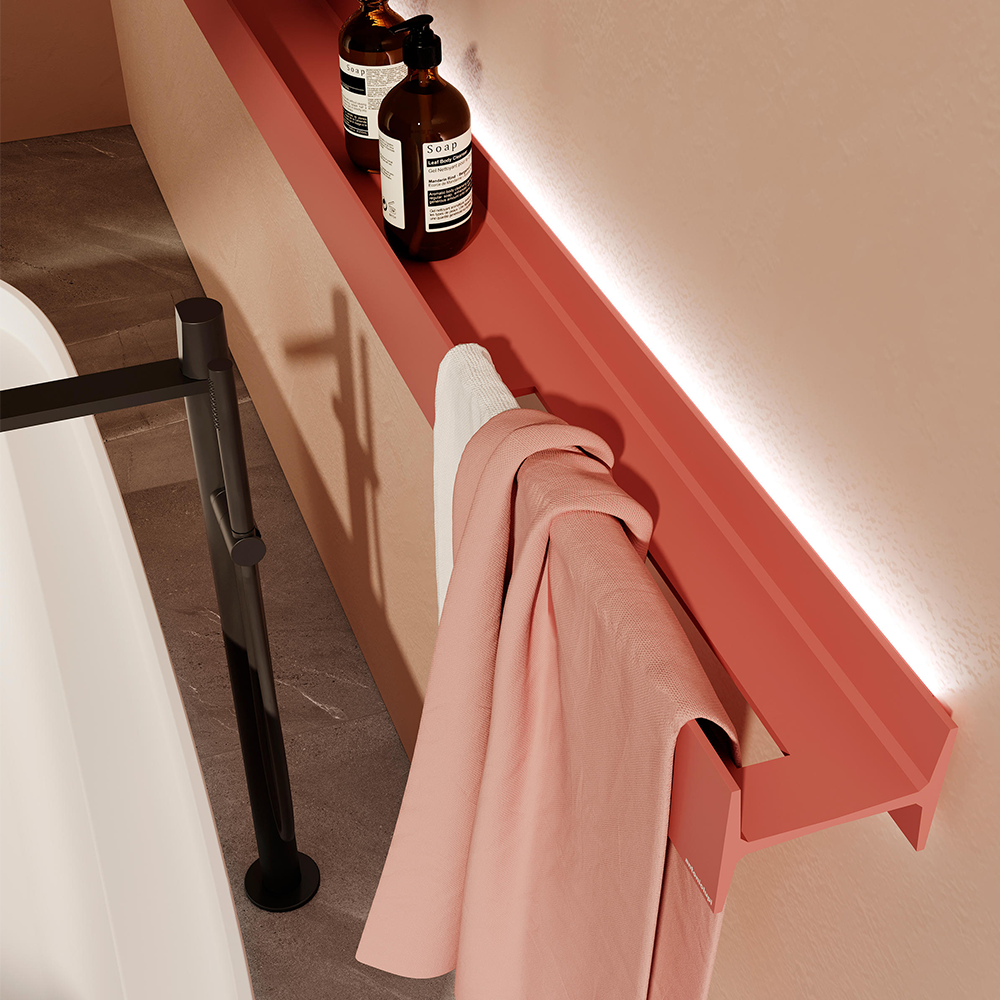 High End Bathroom Waterproof Wall Mounted Metal Fittings Led Light 4 Layers Red Display Rack Floating Shelves For Nail Salon