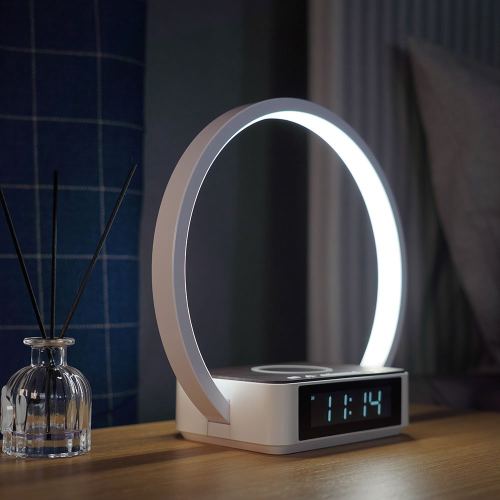 Newly-designed Portable Wake-up Lamp with Wireless Charger with Alarm Clock and Snooze Function for Bedroom Lighting