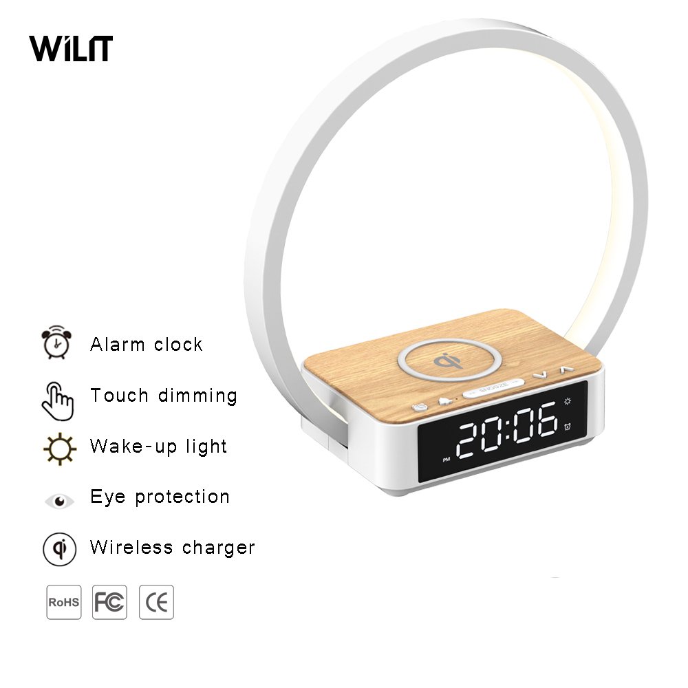 Newly-designed Portable Wake-up Lamp with Wireless Charger with Alarm Clock and Snooze Function for Bedroom Lighting