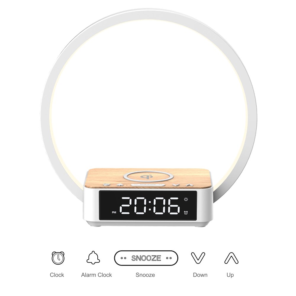 Newly-designed Portable Wake-up Lamp with Wireless Charger with Alarm Clock and Snooze Function for Bedroom Lighting