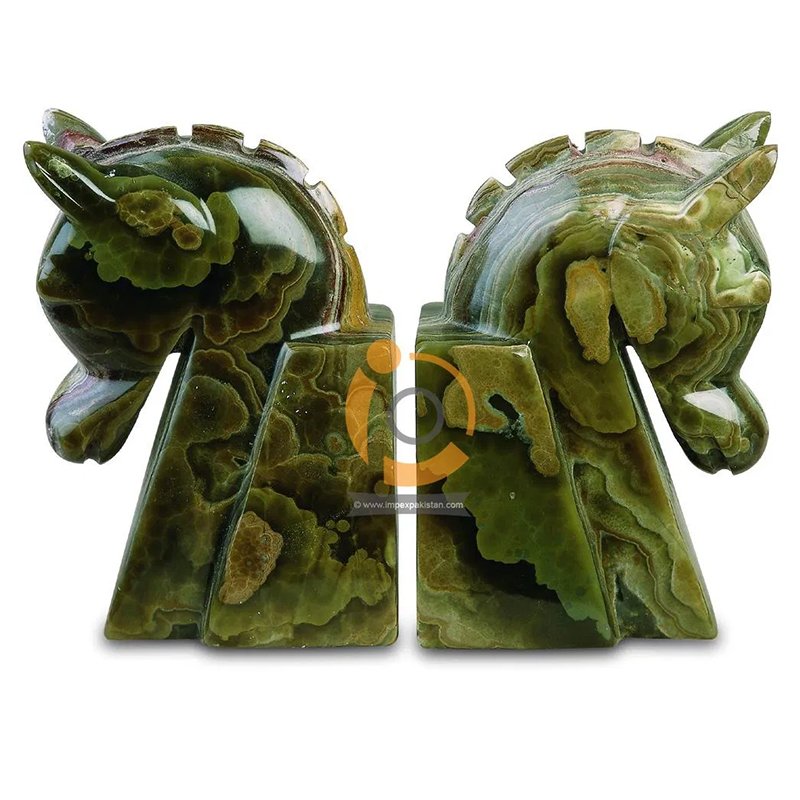 Onyx Marble Horse Shape Book Ends Original Art Gift Polished Multi-Color Horse Bookends Floor Use Natural Stone Tile Technique