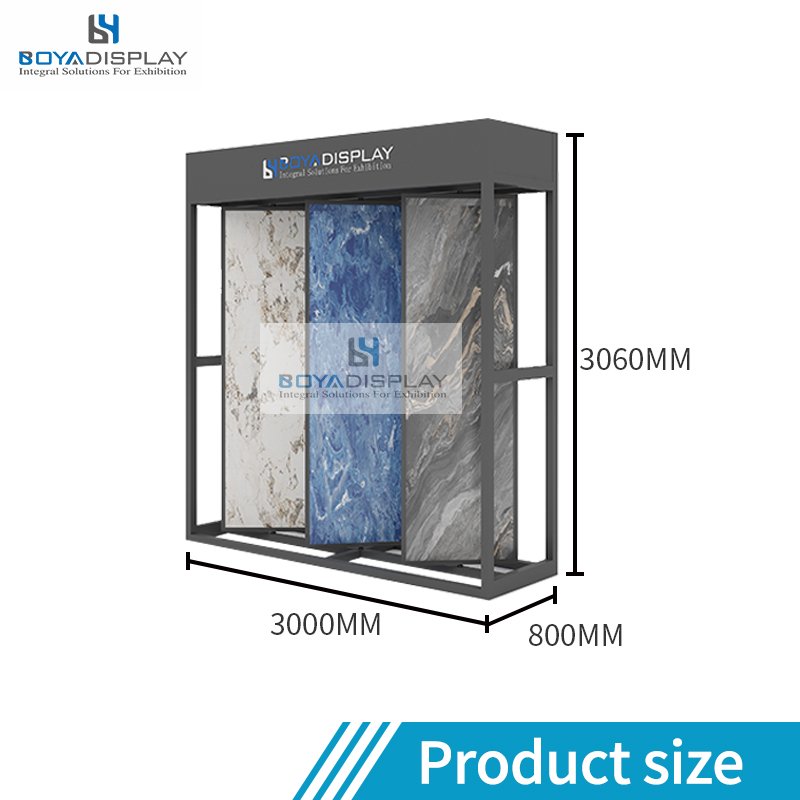 Boya Custom Size Logo Three-Sided Rotation Freestanding Metal Design Stone Slab Tile Display Rack With Led Light