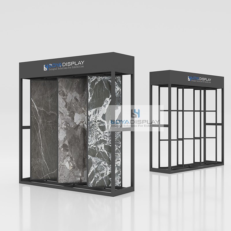 Boya Custom Size Logo Three-Sided Rotation Freestanding Metal Design Stone Slab Tile Display Rack With Led Light