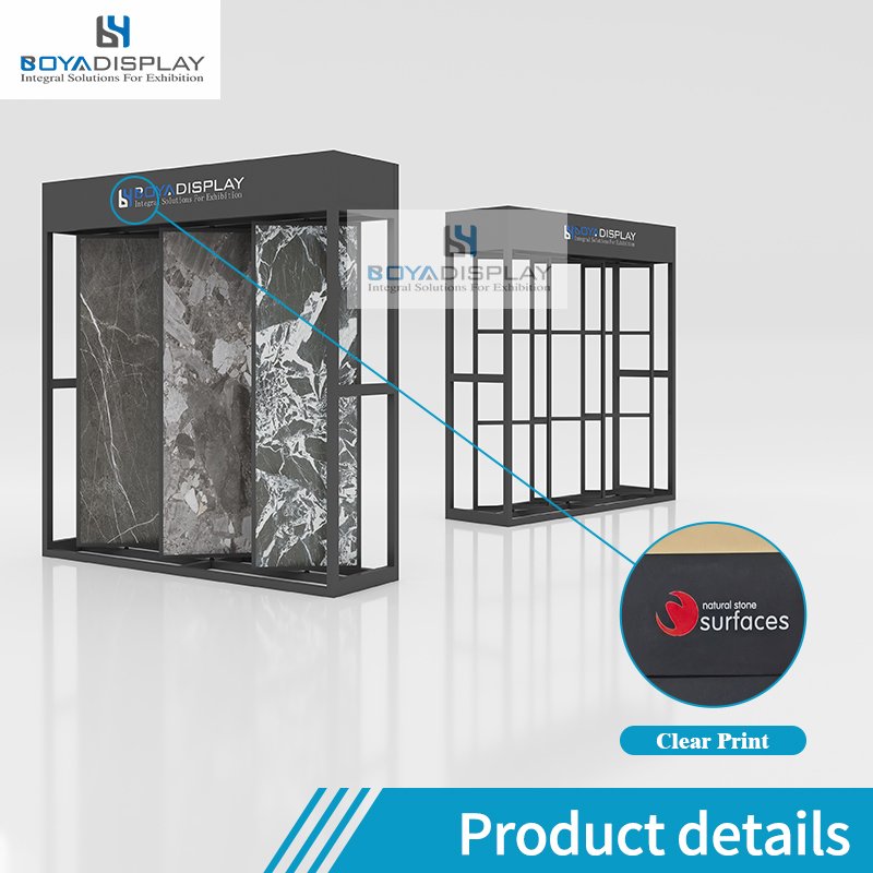 Boya Custom Size Logo Three-Sided Rotation Freestanding Metal Design Stone Slab Tile Display Rack With Led Light
