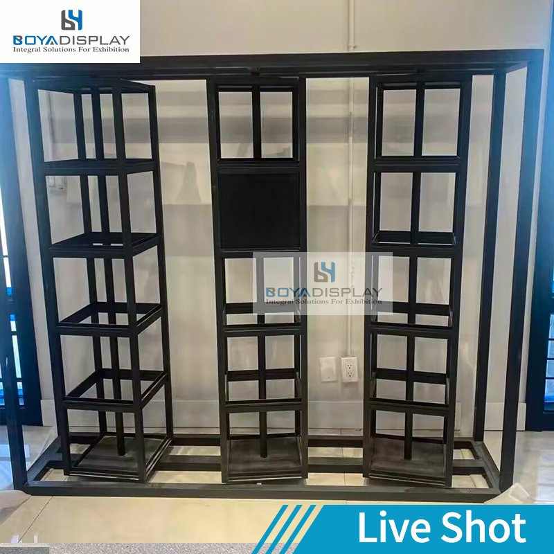 Boya Custom Size Logo Three-Sided Rotation Freestanding Metal Design Stone Slab Tile Display Rack With Led Light