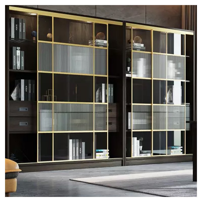 NAAFI Customized Italian Light luxury Sliding Door Bookcase Gold Aluminum Alloy Frame Clad Toughened Glass Door