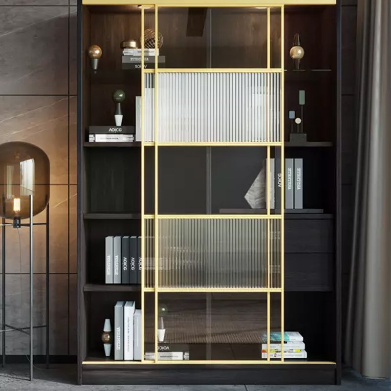 NAAFI Customized Italian Light luxury Sliding Door Bookcase Gold Aluminum Alloy Frame Clad Toughened Glass Door