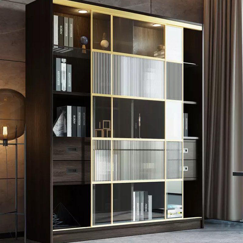 NAAFI Customized Italian Light luxury Sliding Door Bookcase Gold Aluminum Alloy Frame Clad Toughened Glass Door