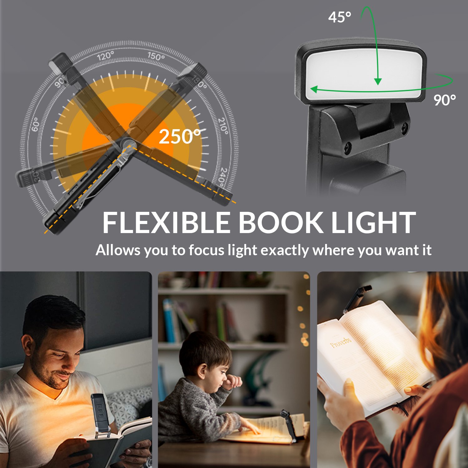 Rechargeable Book Light Adjustable Brightness 3 Color Temperatures Eye-Friendly Night Reading