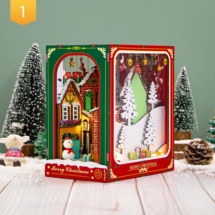 Hongda PC2417 Winter of Christmas Book Nook kit Miniature Wooden Diy Wood Book Nook With Light