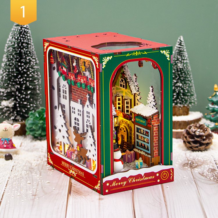 Hongda PC2417 Winter of Christmas Book Nook kit Miniature Wooden Diy Wood Book Nook With Light