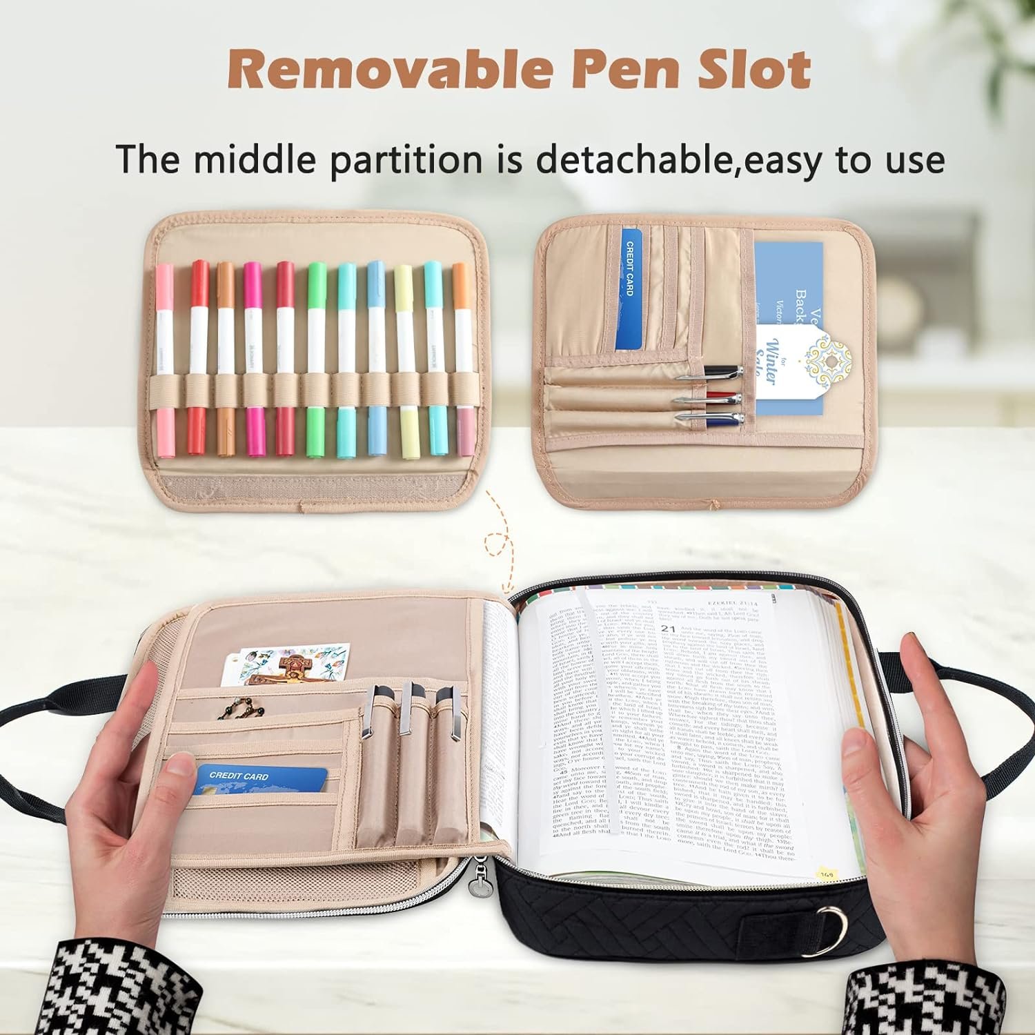 Large Bible Cover Shoulder Strap Carrying Book Case Church Bag Bible Protective Pen Slots and Zippered Pocket Gift for Women