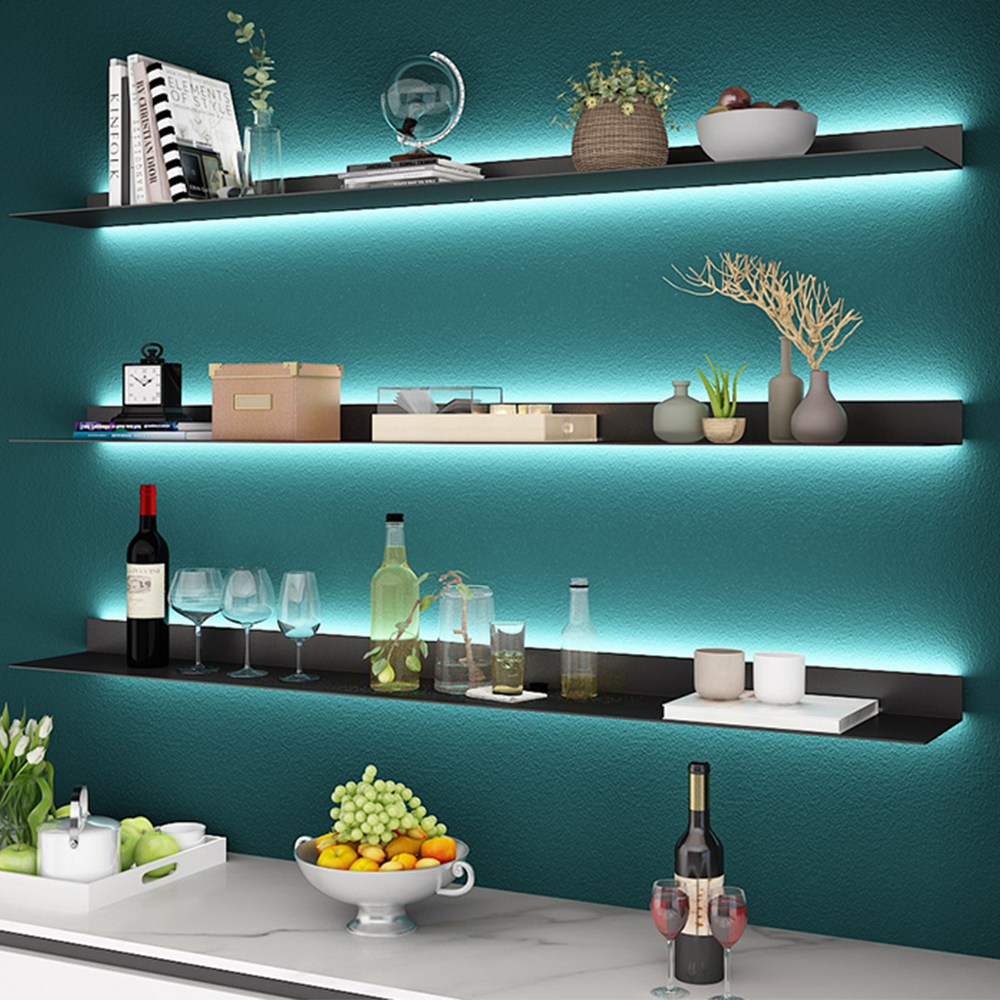 Wall Mount LED Floating Shelves Set of 3 Rustic Aluminum Alloy Metal Black Wall Shelves for Bedroom Living Room