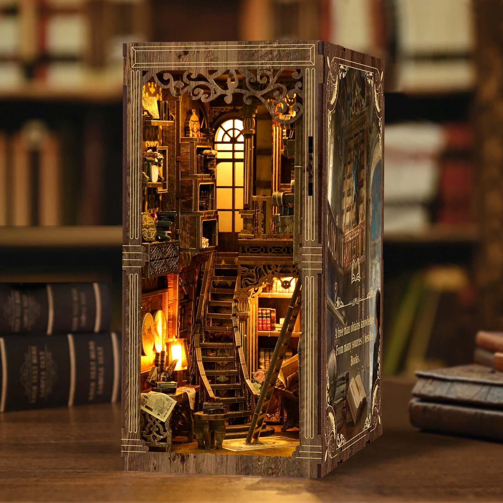 Manufacturer custom miniature library 3d wooden puzzle bookend UV printing book nook kits for adults