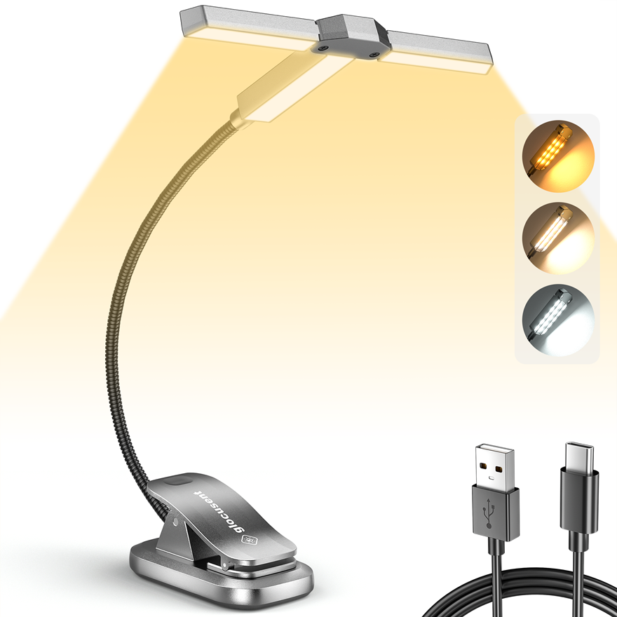 Wholesales New R&D Tri-Head Book Reading Light 3 Colors 5 Brightness 1000mAh Rechargeable Reading Light with 30-Min Timer