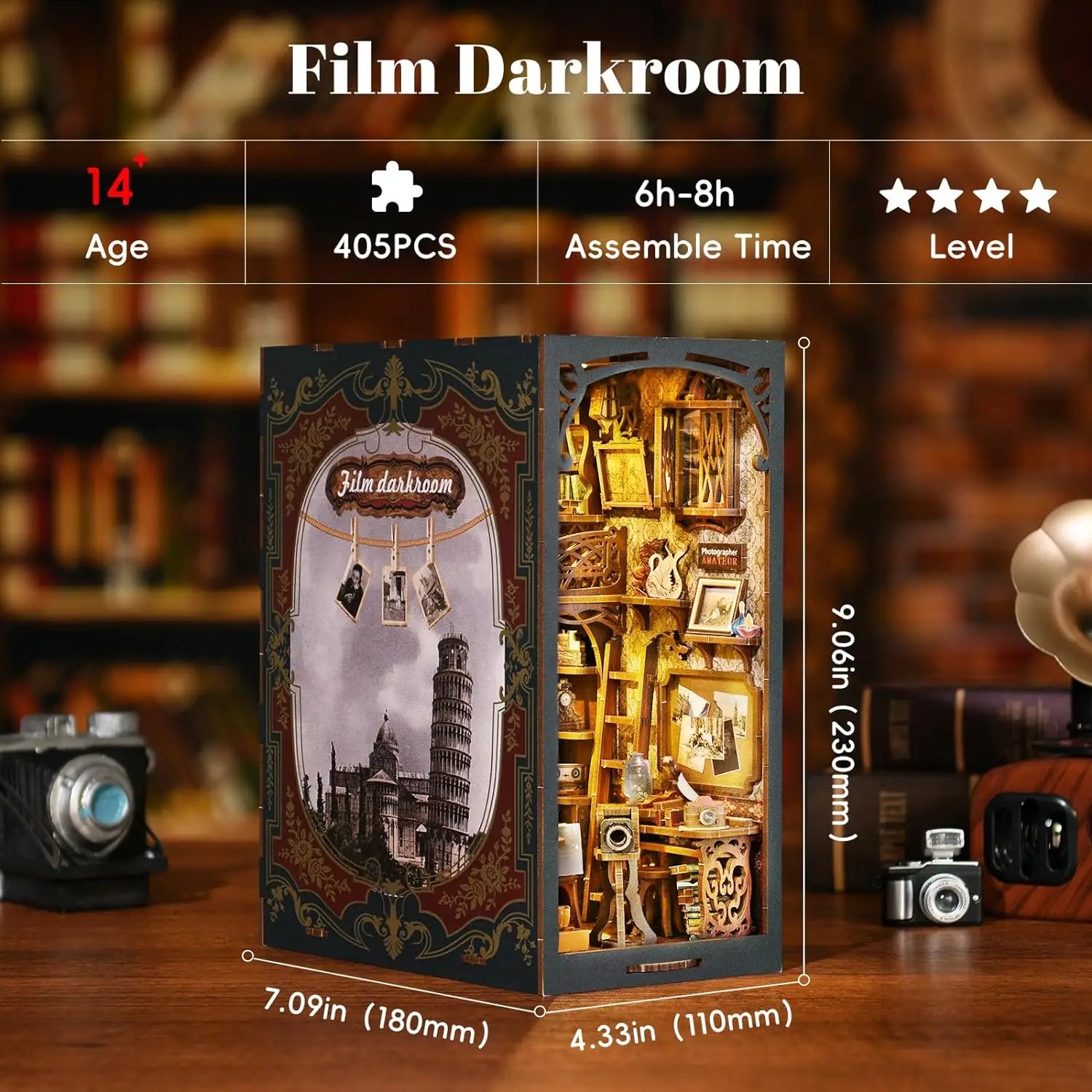 Aslowsnail Film Darkroom Wooden 3D Book Nook Kit DIY Book Nook with LED Light
