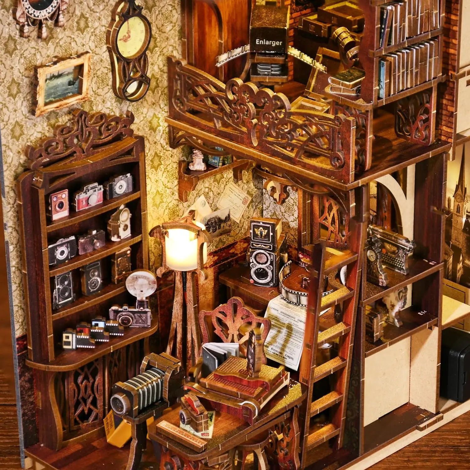 Aslowsnail Film Darkroom Wooden 3D Book Nook Kit DIY Book Nook with LED Light