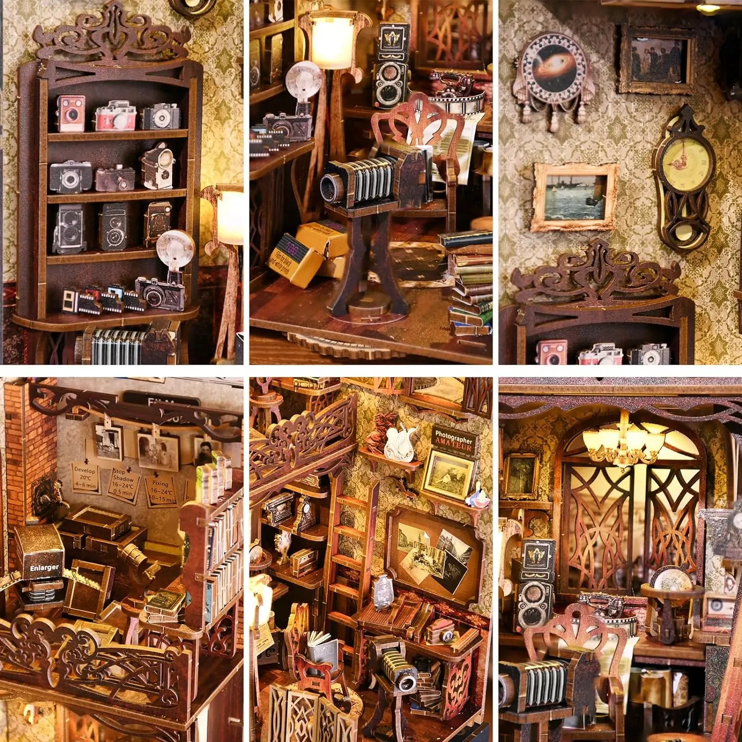 Aslowsnail Film Darkroom Wooden 3D Book Nook Kit DIY Book Nook with LED Light