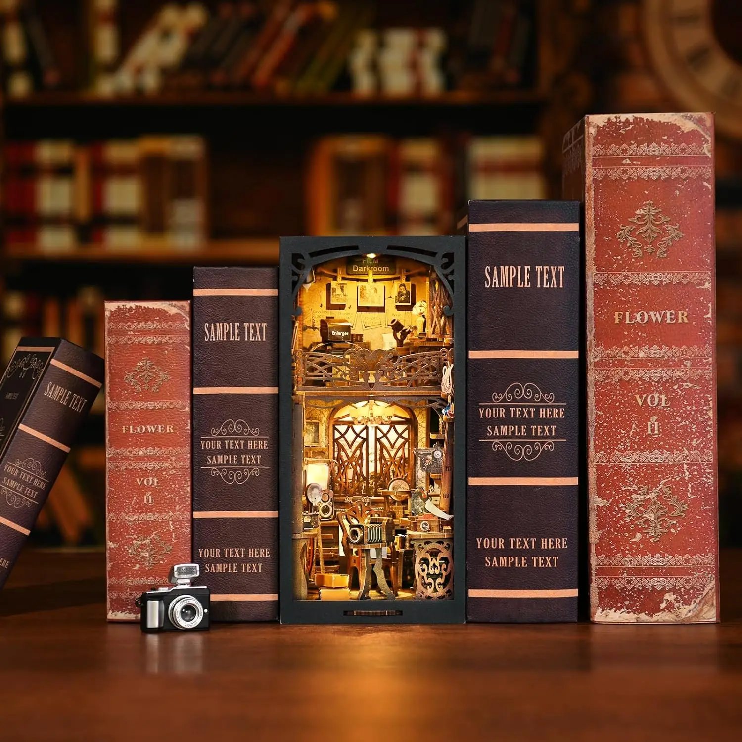 Aslowsnail Film Darkroom Wooden 3D Book Nook Kit DIY Book Nook with LED Light