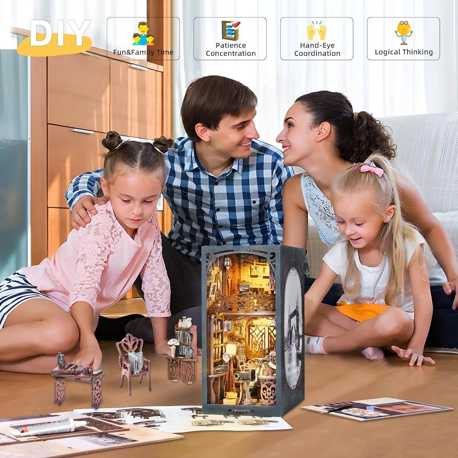 Aslowsnail Film Darkroom Wooden 3D Book Nook Kit DIY Book Nook with LED Light