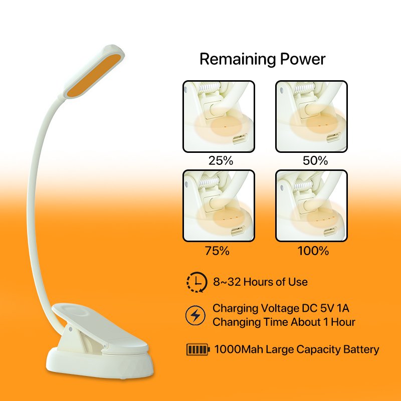 Led Reading Night Light Eye Protection Amber Dimmable Book Reading Lamp White Body Rechargeable Book Light