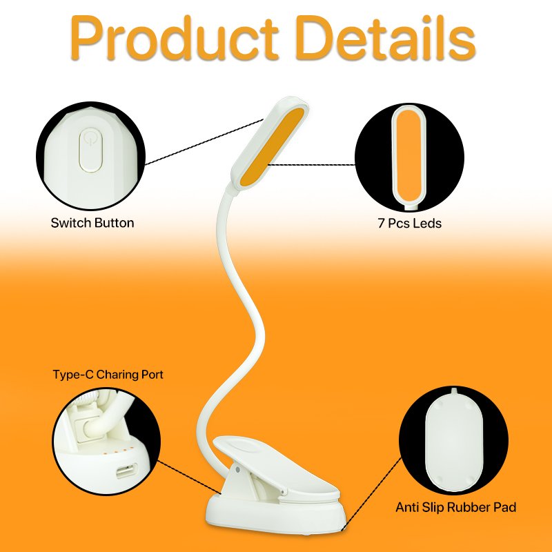 Led Reading Night Light Eye Protection Amber Dimmable Book Reading Lamp White Body Rechargeable Book Light