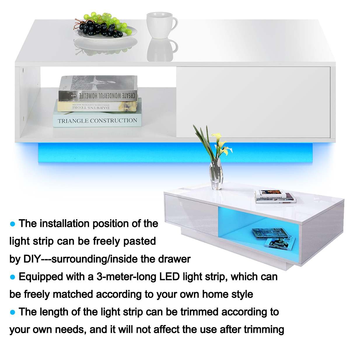 2022simple high gloss Central end Coffee Table with 4 drawer and LED light for Living Room furniture
