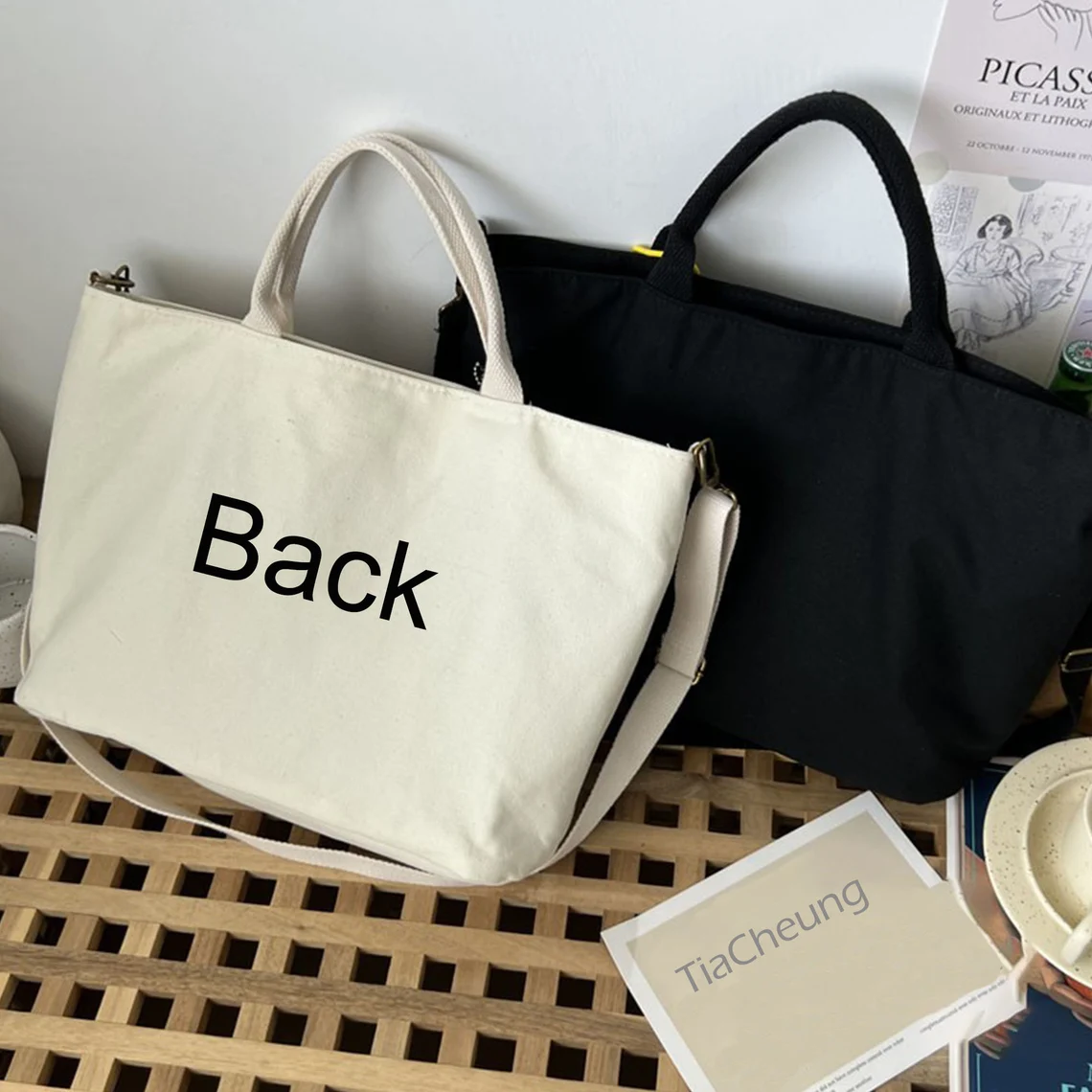 Original Large Capacity Custom Logo Canvas Tote Bag With Pocket Zipper Cotton Tote Bag With Custom Printed Logo