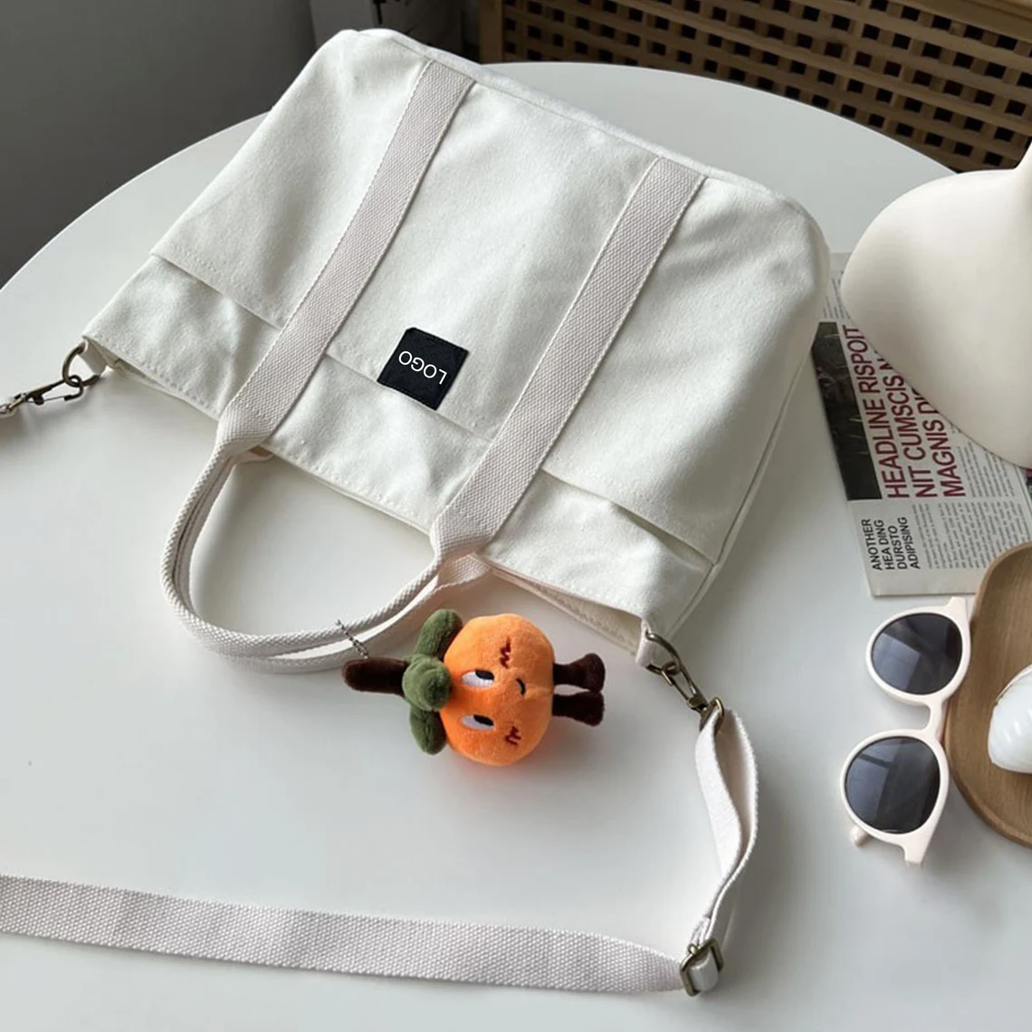 Original Large Capacity Custom Logo Canvas Tote Bag With Pocket Zipper Cotton Tote Bag With Custom Printed Logo