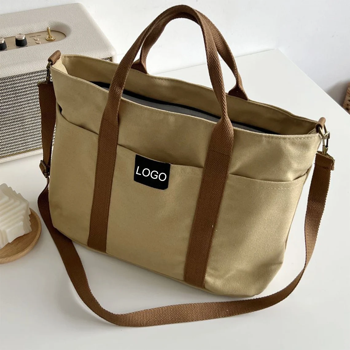 Original Large Capacity Custom Logo Canvas Tote Bag With Pocket Zipper Cotton Tote Bag With Custom Printed Logo
