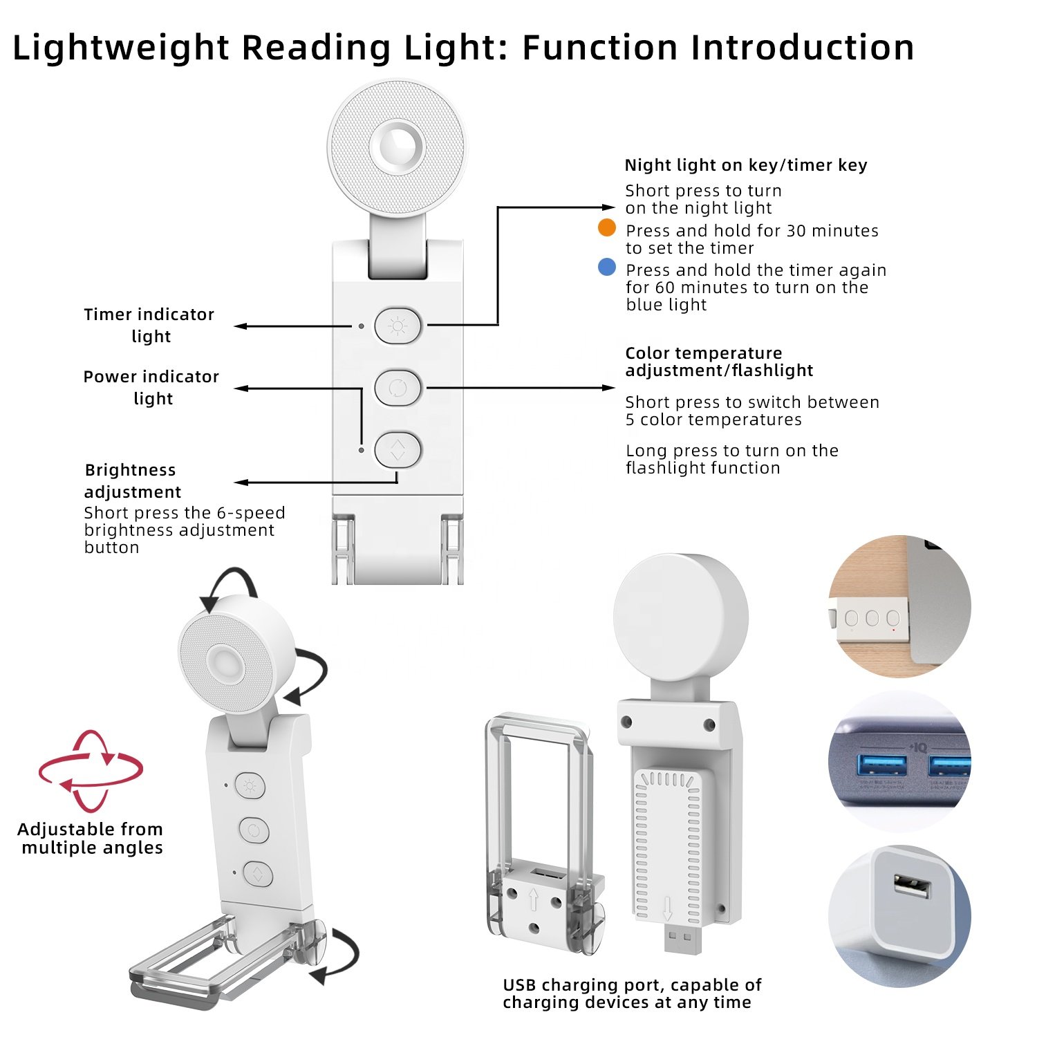 Dimmable adjustable cute USB rechargeable small reading mini white clip on book light pocket lamp with clip