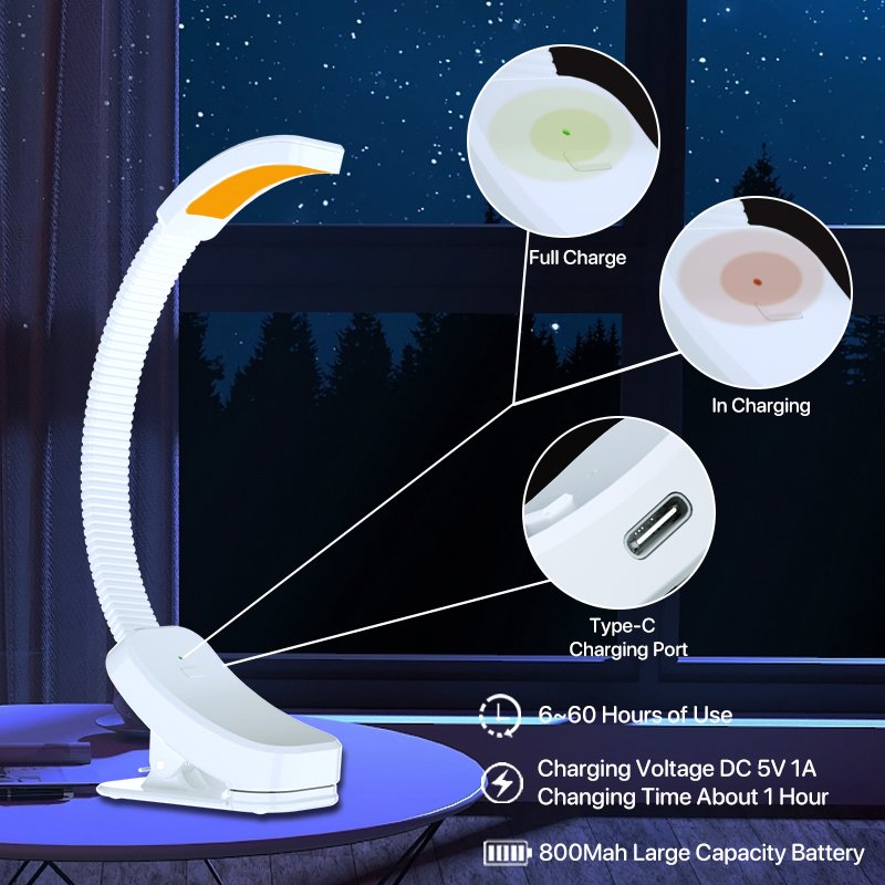 LED USB Rechargeable Book Light Ultralight Adjustable Clip on Light Book Light