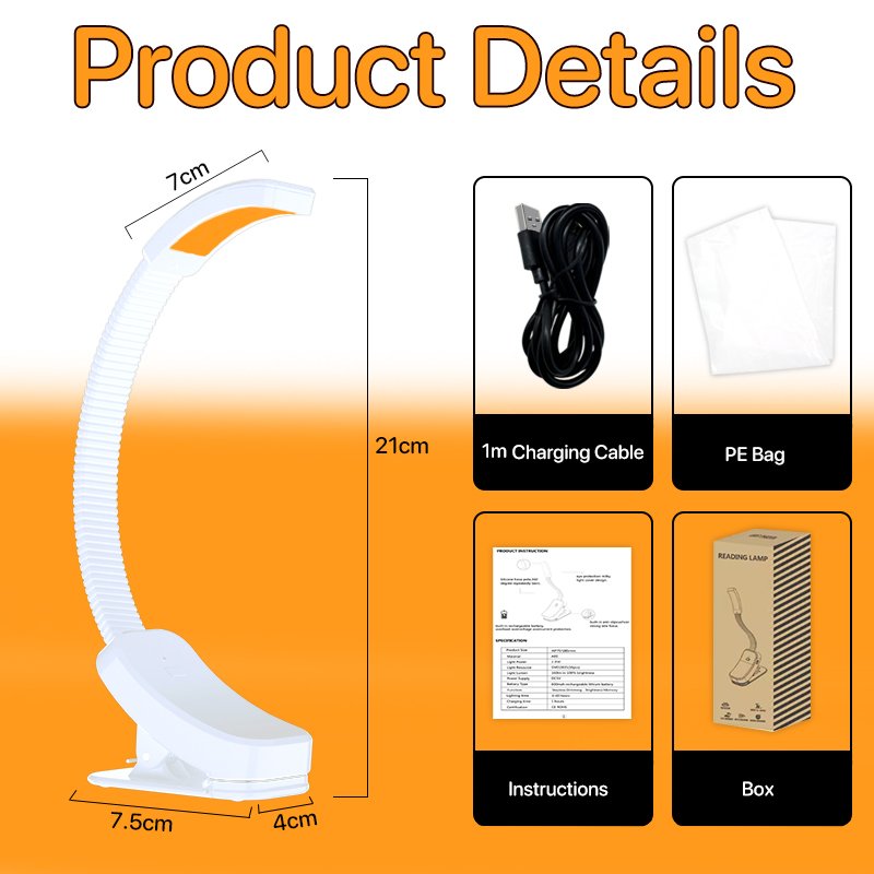 LED USB Rechargeable Book Light Ultralight Adjustable Clip on Light Book Light